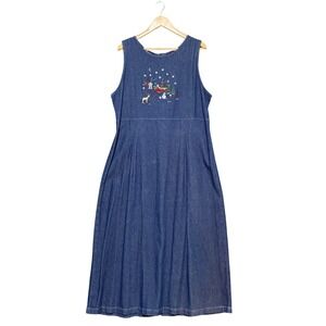 Vintage Woolrich Womens L Denim Dress Embroidered Winter Scene Sleeveless Belted
